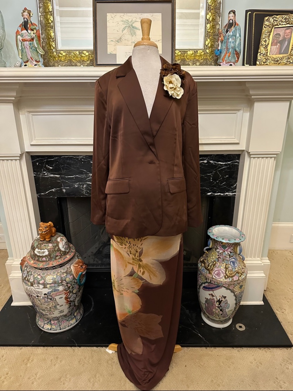 Rachel Zoe Chocolate Brown Satin Single-Breasted Blazer with Floral Pin